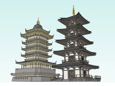Two Traditional Chinese Multi tiered Pagodas With Curved Roofs And Intricate Architectural Details 3d model