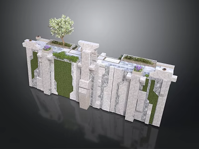 Modern Stone Landscape Wall with Layered Blocks Green Plants and Small Tree 3d model