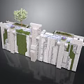 Modern Stone Landscape Wall with Layered Blocks Green Plants and Small Tree