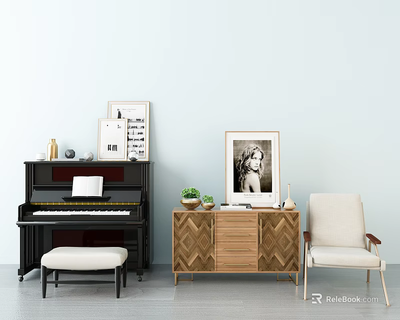 Artistic Interior With Black Piano Framed Artworks Light Blue Wall And Wooden Cabinet 3d model 