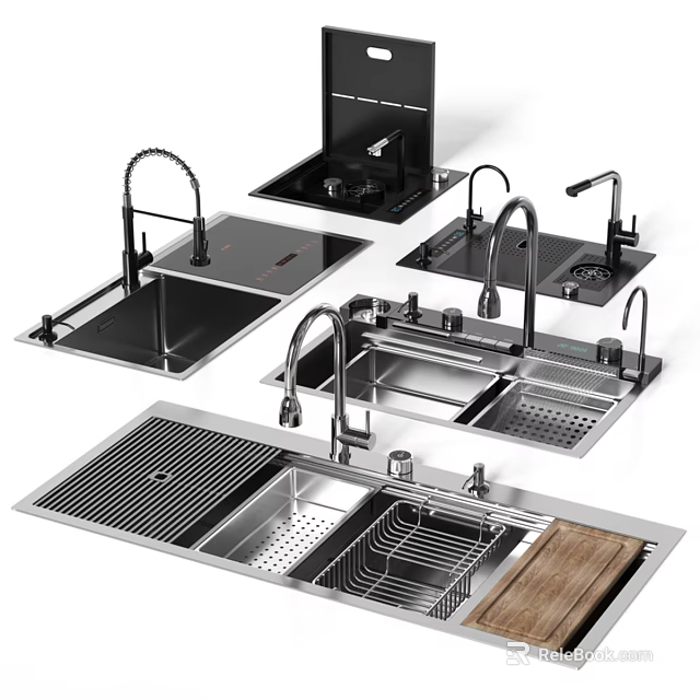 Modern Kitchen Faucets With Stainless Steel Sinks Drainer And Wooden Cutting Board 3d model 