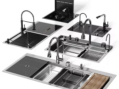 Modern Kitchen Faucets With Stainless Steel Sinks Drainer And Wooden Cutting Board 3d model