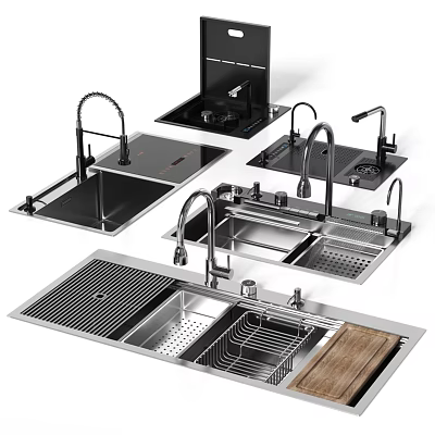 Modern Kitchen Faucets With Stainless Steel Sinks Drainer And Wooden Cutting Board 3d model