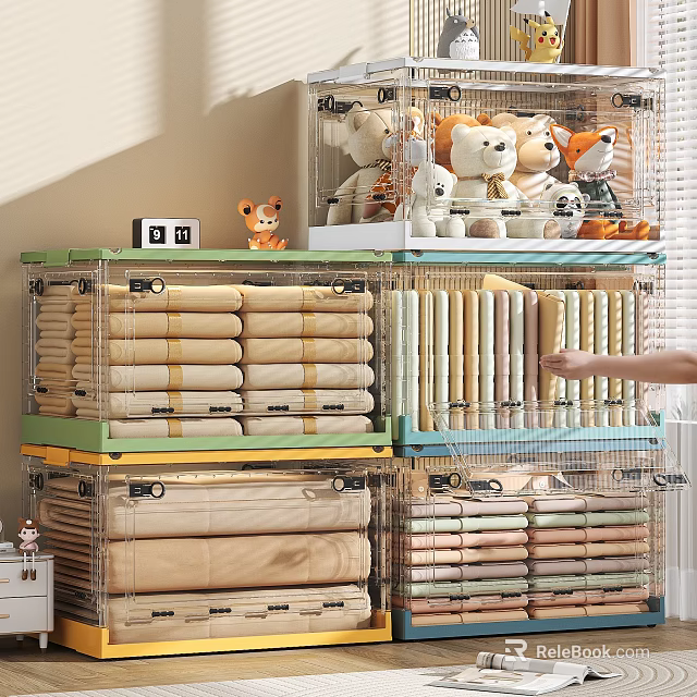 Transparent Storage Cabinet Rack With Folded Bedding And Stuffed Toys For Home Organization 3d model 