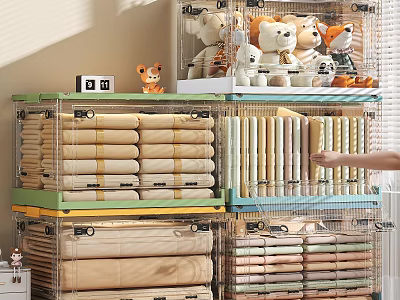Transparent Storage Cabinet Rack With Folded Bedding And Stuffed Toys For Home Organization 3d model