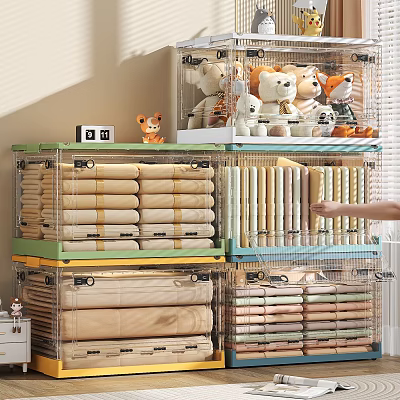 Transparent Storage Cabinet Rack With Folded Bedding And Stuffed Toys For Home Organization 3d model