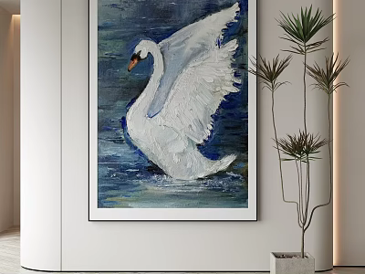 Abstract Swan Painting With Blue Water Background Modern Interior Decor 3d model