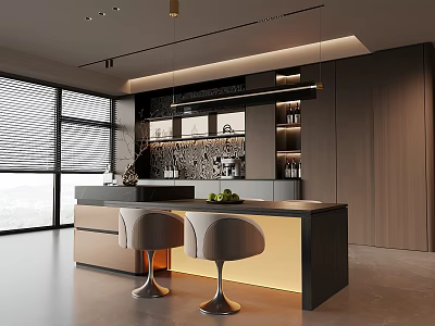 Modern Restaurant Open Kitchen Design With Island Counter And Bar Stools 3d model