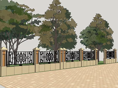 Building Exterior Wall With Black Iron Railing Decorative Patterns And Stone Base Surrounded By Trees 3d model