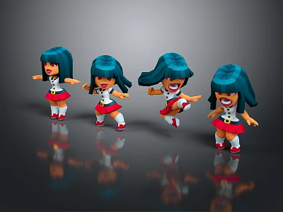 Cartoon Game Movie Characters With Teal Hair Red White Dresses Various Dancing Poses Dark Background 3d model
