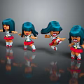 Cartoon Game Movie Characters With Teal Hair Red White Dresses Various Dancing Poses Dark Background