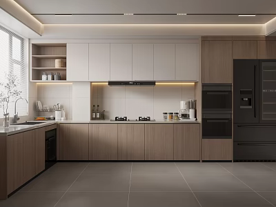Modern Kitchen Interior Design With White And Wood Cabinets Island Counter And Appliances 3d model