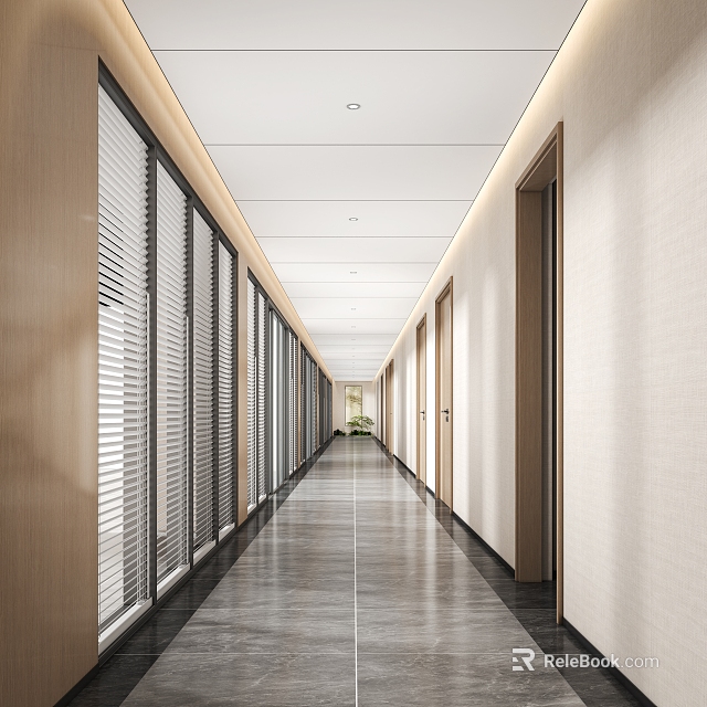Modern Elevator Corridor Interior With Wooden Walls Blinds And Ceiling Lights 3d model 