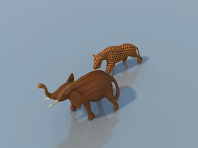 Stylish Pet Cabinet Displaying Elephant And Leopard Figurines On Blue Background 3d model