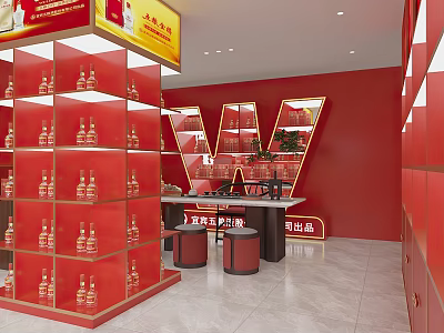 Liquor And Tobacco Store Interior Design With Red Walls Display Shelves Cabinets And Alcohol Bottles 3d model