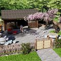 Rustic Wooden Homestay Building with Wooden Gate and Pink Flowering Tree in Green Surroundings