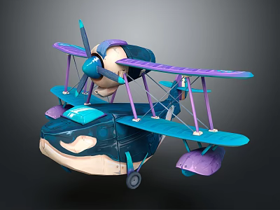 Cartoon Passenger Plane with Purple and Blue Biplane Wings and Decorative Propeller Design 3d model