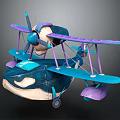 Cartoon Passenger Plane with Purple and Blue Biplane Wings and Decorative Propeller Design