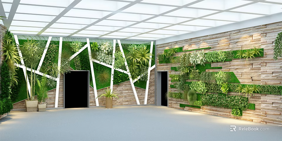 Green Plant Wall Design With White Frame Stone Wall And Black Doors In Indoor Space 3d model 