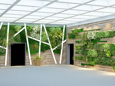 Green Plant Wall Design With White Frame Stone Wall And Black Doors In Indoor Space 3d model