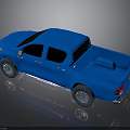 Blue Pickup Truck With Shiny Exterior And Reflective Truck Bed On Black Background