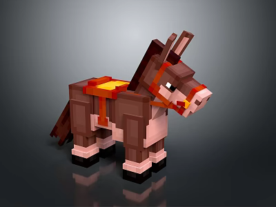 Blocky Pixel Art Donkey Character With Brown Fur Orange Saddle And Pink Hooves 3d model