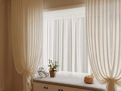 Cozy Window Corner With White Curtains Cushion Plant And Wicker Basket 3d model