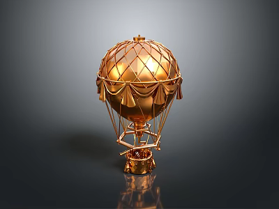 Golden Metallic Hot Air Balloon Model With Netted Design And Decorative Base 3d model