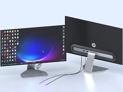 HP Computer Monitors Desktop Display With Dual Screen And Icons Setup 3d model