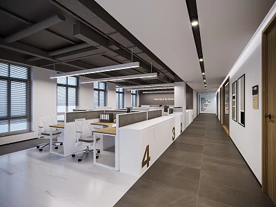 Modern Public Office Space with Open Layout White Desks Gray Partitions Large Windows and Hallway 3d model