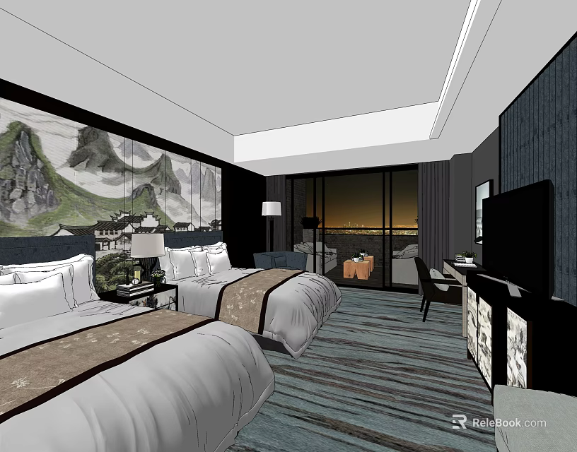 Hotel Guest Room With Twin Beds Mountain Painting Large Windows And City View 3d model 