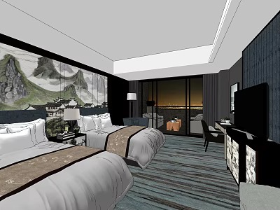 Hotel Guest Room With Twin Beds Mountain Painting Large Windows And City View 3d model