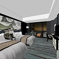 Hotel Guest Room With Twin Beds Mountain Painting Large Windows And City View