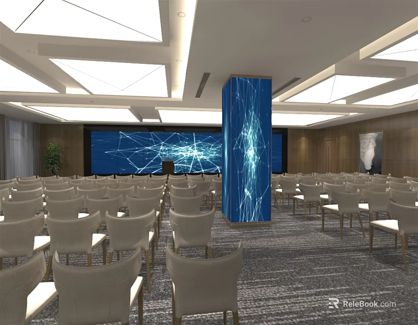 Modern Conference Room Interior With Large Blue Screen Arranged Chairs And Ceiling Lights 3d model 