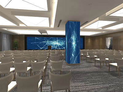 Modern Conference Room Interior With Large Blue Screen Arranged Chairs And Ceiling Lights 3d model