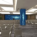 Modern Conference Room Interior With Large Blue Screen Arranged Chairs And Ceiling Lights