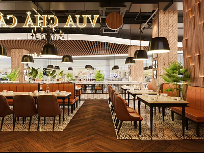 Elegant Modern Restaurant Interior With Wooden Decor Pendant Lights And Green Plants 3d model