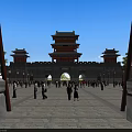 Ancient Chinese Architecture Tower Gate With Red Pillars Stone Pavement And Crowd Walking