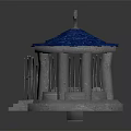 Cartoon Scene of Small Pavilion with Blue Roof Cross and Gray Stone Pillars