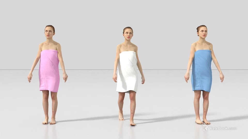 Three Women Wearing Pink White Blue Towels Standing Against Gray Background 3d model 