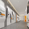 Modern Exhibition Hall Interior Featuring Display Areas Sofas Signage Green Plants And Lighting