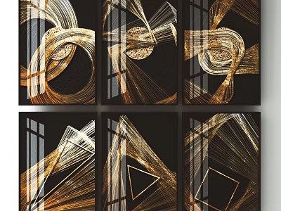 Abstract Geometric Artworks With Golden Lines Glass Texture And Black Background 3d model
