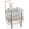 White Frame Baby Crib With Wooden Posts Gray Mattress And Hanging Mobile