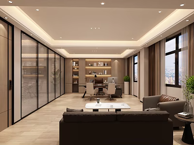 Modern Public Office Space With Open Layout Sofa Coffee Table And Large Windows 3d model