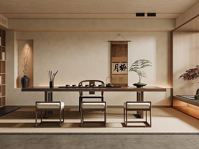 Traditional Japanese Tea Room Interior With Long Wooden Table Low Stools And Scroll Decorations 3d model