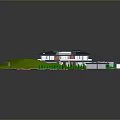 Aerial View Of Contemporary Building With Green Lawn Curved Driveway And Gardens
