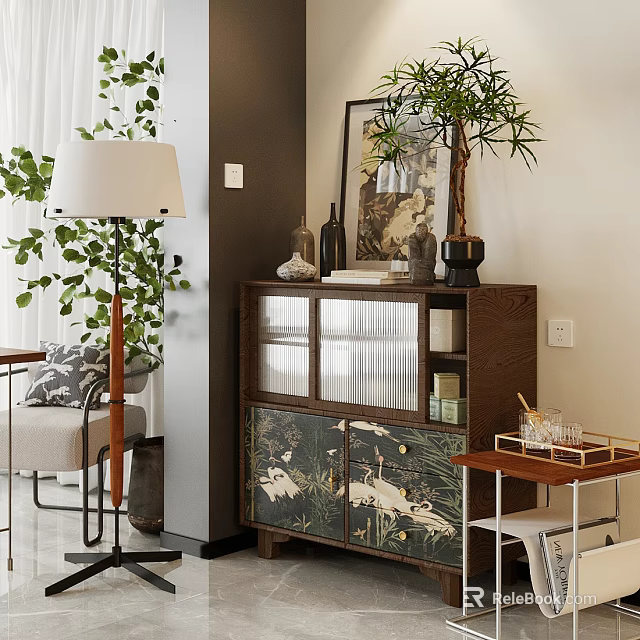 Wooden Chest of Drawers with Glass Doors and Crane Patterns and Decorative Items on Top 3d model 
