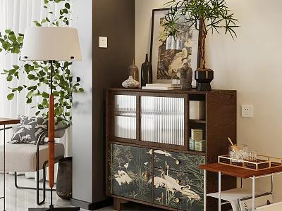 Wooden Chest of Drawers with Glass Doors and Crane Patterns and Decorative Items on Top 3d model