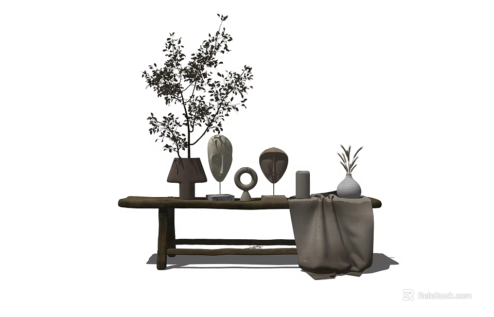 Decorative Ornament Combination On Wooden Bench With Leafy Tree Table Lamp Sculptures Vase Textile Cloth 3d model 
