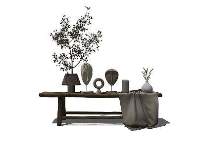 Decorative Ornament Combination On Wooden Bench With Leafy Tree Table Lamp Sculptures Vase Textile Cloth 3d model